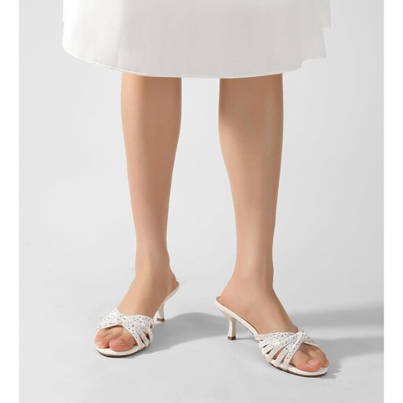White Suede Heels for Women's Strappy Low Kitten Heels Open Toe Dress Sandals - Picture 6 of 7